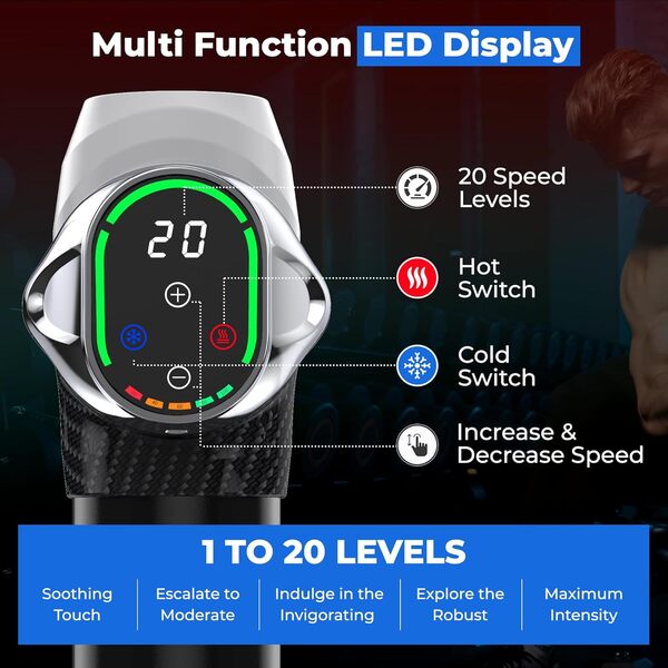 MuscleBuddy Pistolet de massage pour tissus profonds avec tête chaude et froide, 6 températures, 20 niveaux et 10 têtes, pistolet de massage musculaire portable avec étui de transport, pistolet de