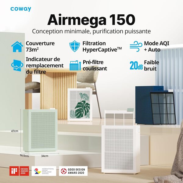 COWAY Purificateur d'air Maison, Certifié Quietmark 20db Mode Veille, Elimine jusqu'à 99,999% Particules Nocives jusqu'à 0,01 µm pour Allergie (Certifié ECARF), Fumée, Pollen - AIRMEGA 150 (Vert)