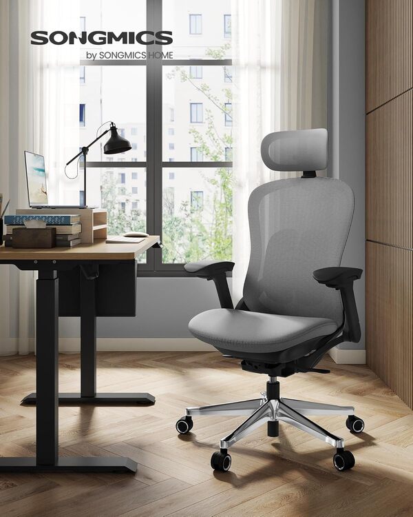 SONGMICS Chaise de Bureau, Fauteuil Ergonomique Réglable en Toile, Dossier Inclinable, Assise Réglable Avant ou Arrière, Accoudoirs 4D, Support Lombaire, Capacité 150 kg, Gris Tourterelle OBN065G01