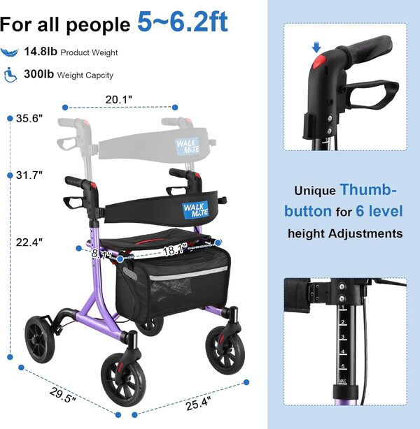 WALK MATE Déambulateur pour personnes âgées avec porte-gobelet, bouton poussoir amélioré pour réglage de la hauteur, roues de 10,2 x 20,3 cm avec siège rembourré, pliable et léger, violet