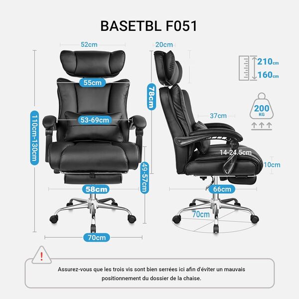BASETBL Fauteuil de Bureau 200kg, Fauteuil Bureau Ergonomique Assise Large en Tissu, Chaise Gaming avec Repose Pied, Confortable Dossier Haut Ergonomique, Conforme aux Normes EN12520