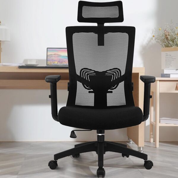Daccormax Chaise Bureau Ergonomique, Fauteuil de Bureau Confortable à roulettes, Siège Inclinable Pivotant, Accoudoirs Réglables, Appui-Tête Ajustable 11cm, Support Lombaire Réglable, Noir