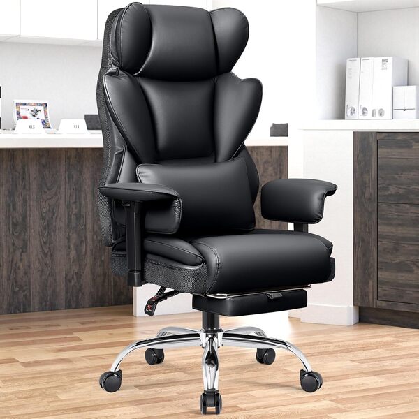 DoChair Fauteuil de Direction Large, Chaise Bureau Ergonomique avec Repose-Pieds 165° Chaise de Bureau à Domicile Similicuir 200KG, Noir