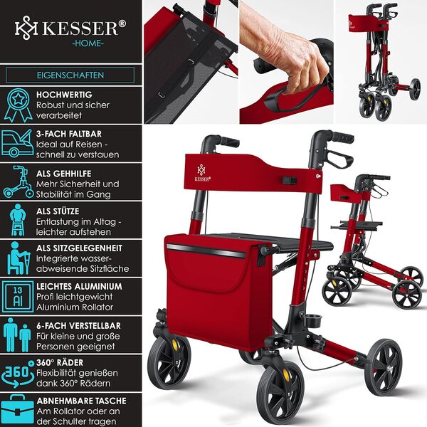 KESSER Déambulateur léger et pliant 4 roues, équipement complet pliable 3 positions pour coffre de voiture et voyageur Hauteur réglable,
