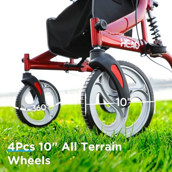 Déambulateur HEAO avec siège, adapté aux personnes âgées, 4 roues de 25,4 cm avec amortisseurs, poids plume de 9 kg, charge maximale de 159 kg, rouge.