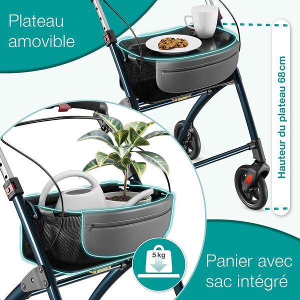 ELONEO Déambulateur 4 Roues Pliable Léger - Largeur 54 cm, Déambulateur d'Intérieur avec Plateau et Panier en Tissu - Rollator Adulte, Aide à la Mobilité Pliant Aluminium - Anthracite