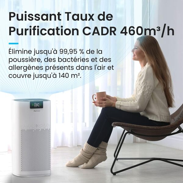 Pro Breeze Purificateur d'air ultra-puissant avec lampe UV-C, ioniseur d'air, système de filtration à 3 couches, filtre HEPA, CADR 460m³, pièces jusqu'à 140m² - Efficacité de filtration jusqu'à 99,95%