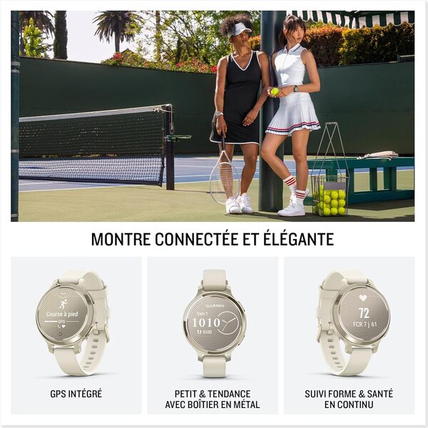 Garmin Lily 2 Active - Petite Montre connectée et élégante avec GPS intégré - Lunar Gold avec Bracelet Silicone Blanc
