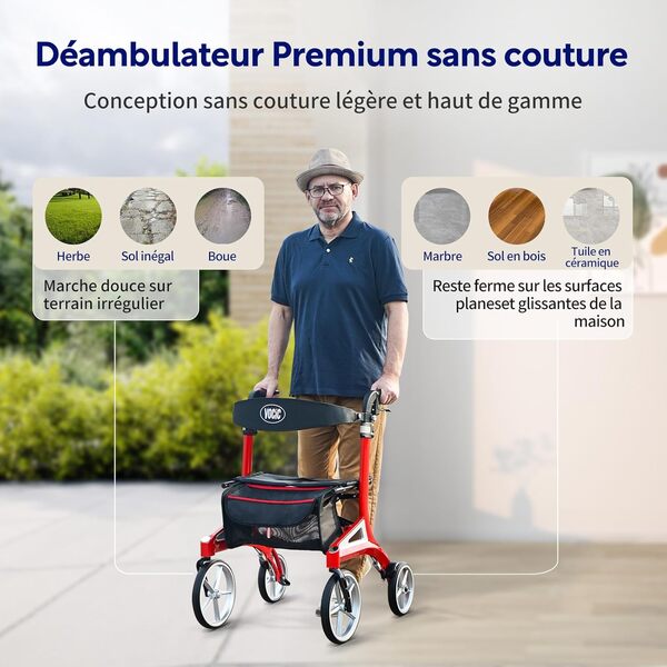 VOCIC Deambulateur pliable léger,Déambulateurs à roues et rollators avec siège,Dossier réglable en profondeur et en hauteur,Déambulateur en aluminium d interieur à l'exterieur,Rouge