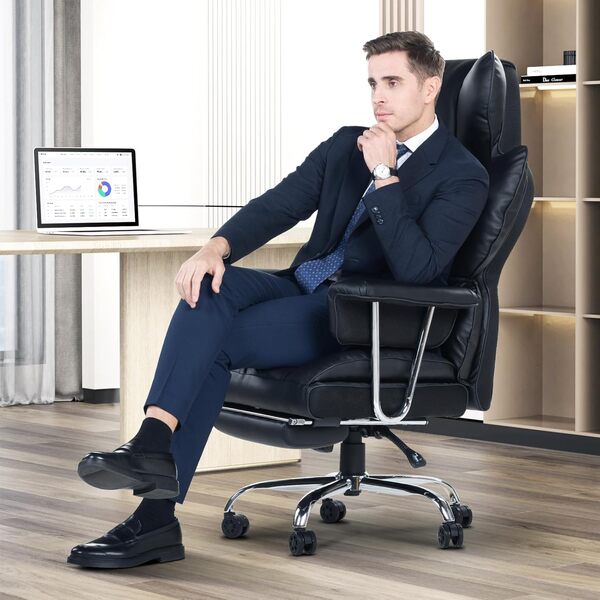 naspaluro Chaise Bureau Ergonomique à Hauteur Réglable,Fauteuil de Bureau avec Repose-Pieds Télescopique,Lombaire&Appui,Soutien Lombaire,Dossier Inclinable,PU Cuir,Noir