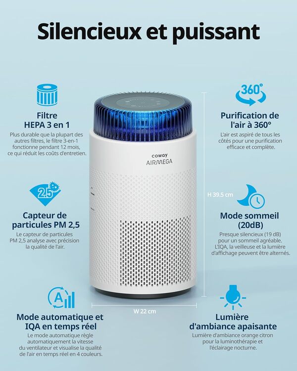 COWAY Purificateur d'air Chambre, Mode Sommeil 20db, Lumière D'ambiance, Elimine jusqu'à 99,999% Particules Nocives 0,01 µm Allergies (Certifié ECARF), Poussière, Pollen, CADR 244 m³/h - AIRMEGA 100