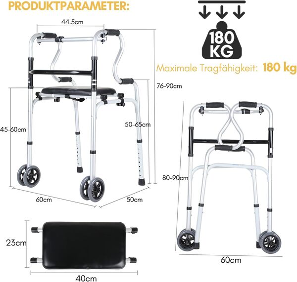 Déambulateur pliable pour personnes âgées avec 2 roulettes pivotantes - Déambulateur pour adultes - Réglable en hauteur - En aluminium - Antidérapant et stable - Jusqu'à 180 kg - Argenté