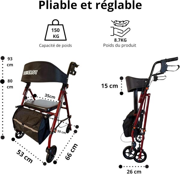 DEMERGY® Déambulateur Pliable Léger pour Personnes Âgées avec Siège Épais et Dossier 4 Roues Tout-Terrain Freins Manuels Hauteur Réglable Inclus Sac à Dos Idéal pour Séniors Personnes à Mobilité Rédu