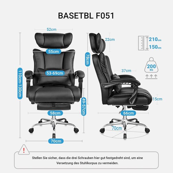 BASETBL Fauteuil de Bureau 200kg, Fauteuil Bureau Ergonomique Assise Large en Cuir PU, Chaise Gaming avec Repose Pied, Confortable Dossier Haut Ergonomique, Conforme aux Normes EN12520