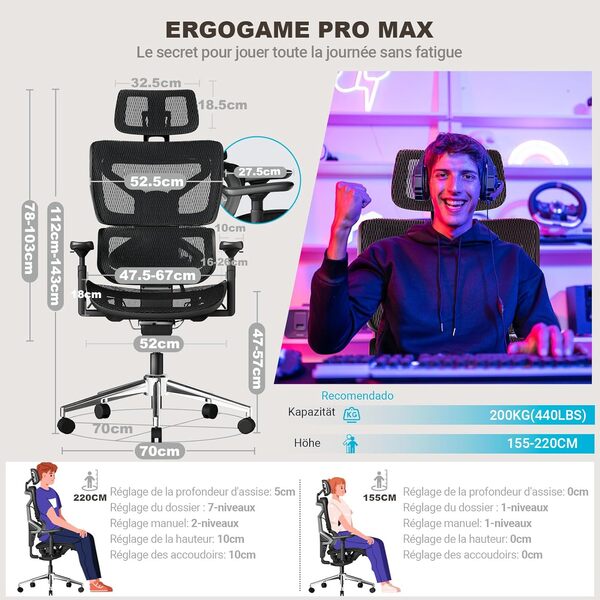 BASETBL Chaise de Bureau 200KG, Fauteuil Bureau Confortable, Soutien Lombaire Dynamique 2.0, Réglage du Dossier, Dossier Adaptatif, Accoudoirs 4D, Chaise Bureau Ergonomique, ErgoGame Pro Max