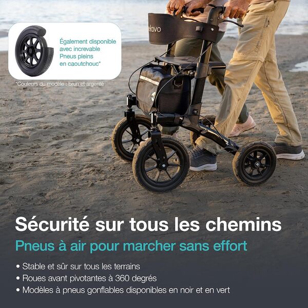 Helavo déambulateur pour l'extérieur avec pneus à air - Rollator pliable en aluminium pour l'extérieur avec siège - Mobilité et confort maximum à l'extérieur