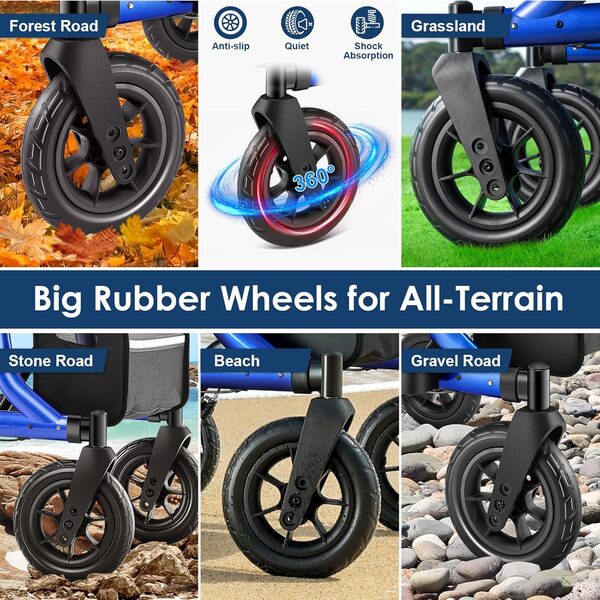 MAXWALK Déambulateur tout-terrain pour personnes âgées, roues en caoutchouc de 25,4 cm, déambulateur pliable avec siège rembourré, tasse et support de téléphone, câble intégré, design compact, hauteur