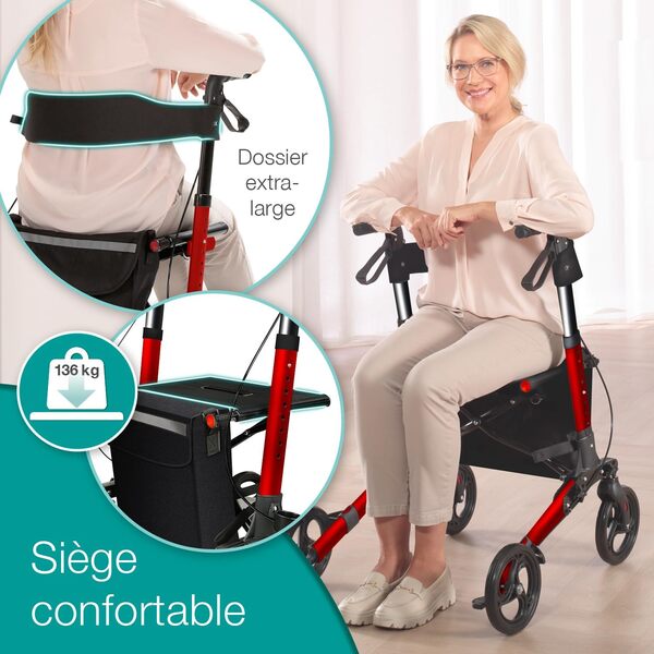 ELONEO Déambulateur 4 Roues Pliable Léger avec Siège - 8 Hauteurs Réglables, Cadre en Aluminium, Aide Mobilité Pliante 3 Directions avec Sac et Porte-Parapluie, Convient aux Voitures (Rouge)