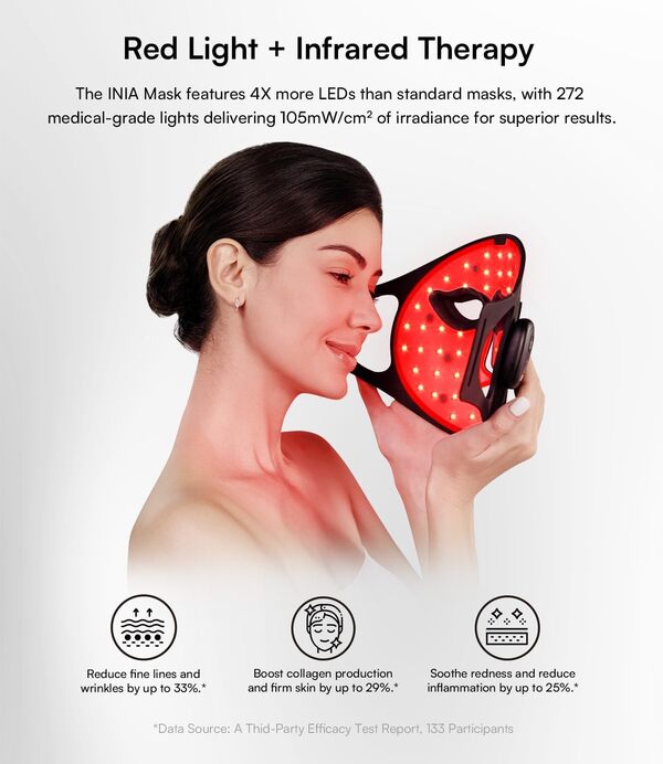 INIA Masque de thérapie à la lumière rouge pour le visage, masque lumineux LED sans fil avec lumière rouge proche infrarouge (NIR), rechargeable et design ergonomique pour la maison et les voyages
