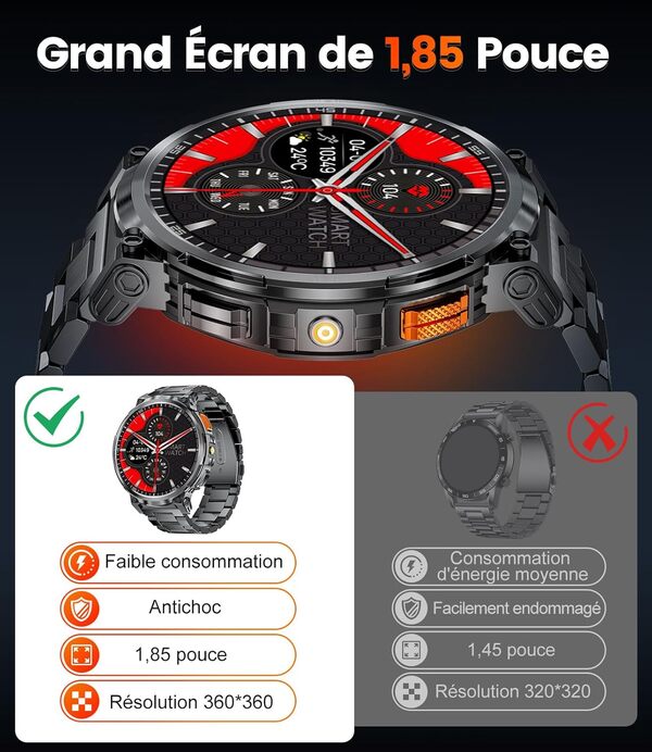 Montre Connectée Homme avec Torche LED, 1,85'' HD Grand Écran 730mAh Montre Connectée avec Appels Bluetooth, IP68 Étanche Smartwatch avec 24/7 Fréquence Cardiaque, SpO2 pour Android iOS, 3 Bracelets