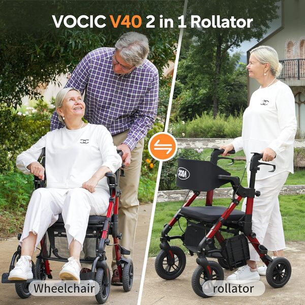 VOCIC Déambulateur Fauteuil Roulant 2 en 1 pour personnes âgées,Chaise de transport Rollator en aluminium réglable en hauteur pour l'extérieur et les voyages,Rouge (Garantie 5 ans)