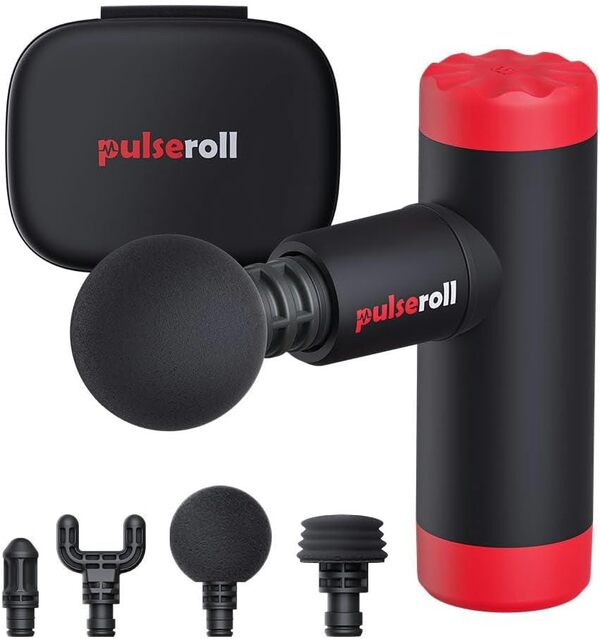 Pulseroll Mini pistolet de massage à percussion professionnel pour tissus profonds, 4 vitesses avec 4 têtes et étui de transport, Noir