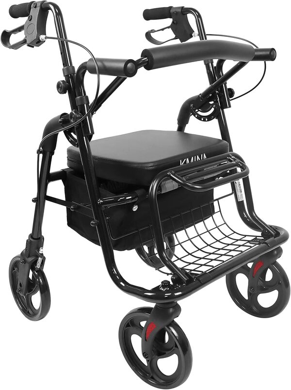 KMINA - Déambulateur Fauteuil Roulant, 4 Roues Pliable Léger, avec Siège, Rollator pour Terrain Lisse, Réglable Noir