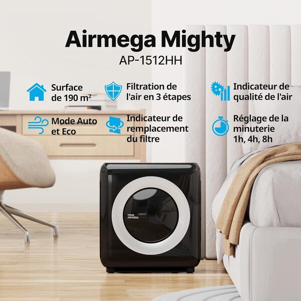 COWAY Purificateur d'air Maison, Choix EU Wirecutter, Mode Eco, Ioniseur, Élimine 99,99% Particules Nocives 0,01 µm Allergies, Fumée, Pollen, Animaux Dom, CADR 421m³/H, Ap-1512hh - MIGHTY (Noir)