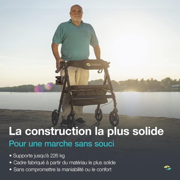 HELAVO déambulateur extra large avec grand siège réglable en hauteur - Rollator pliable à 4 roues pour charges lourdes en aluminium - Supporte jusqu'à 226 kg