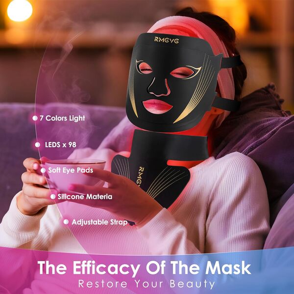 Masque de thérapie par lumière rouge pour le visage et le cou, 7 couleurs LED pour anniversaire, Noël, fête des mères, Saint-Valentin, soins personnels pour elle, femme, maman, meilleure amie, épouse