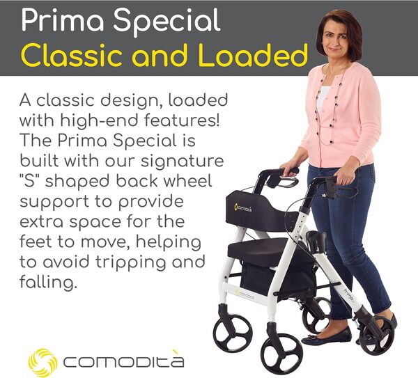 Comodita Prima Déambulateur spécial avec siège orthopédique exclusif de 40,6 cm de large ultra confortable, porte-gobelet amovible et porte-canne – Graphite métallique