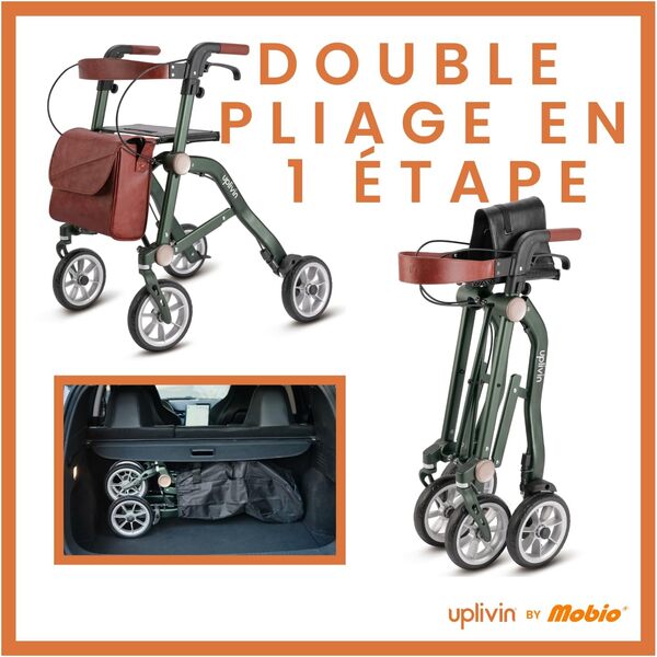 Trive - Déambulateur 4 roues Pliable Leger, Déambulateur à roues, 3 accessoires inclus, Deambulateur Pliant, Rollator Vert, By Mobio