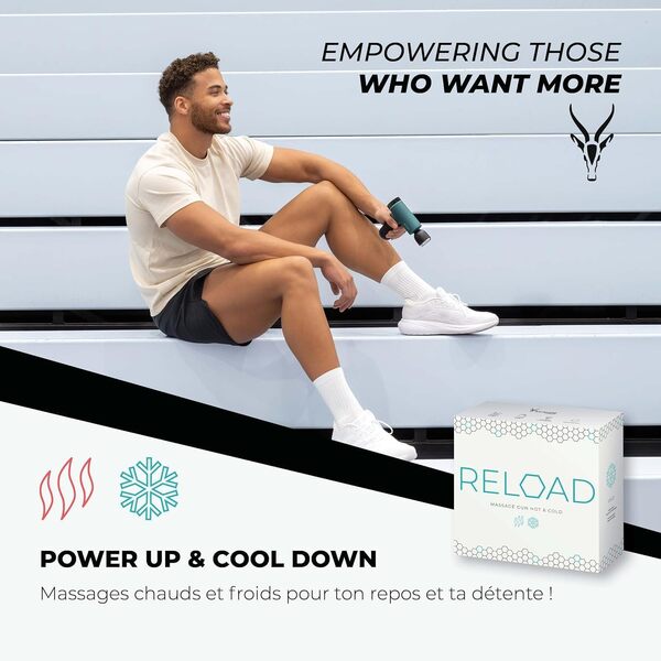 Antelope by Beurer RELOAD Massage Gun avec fonction chaleur & froid, appareil de massage musculaire pour points trigger, 5 têtes de massage, 5 niveaux d'intensité jusqu'à 3000 tr/min, sans fil