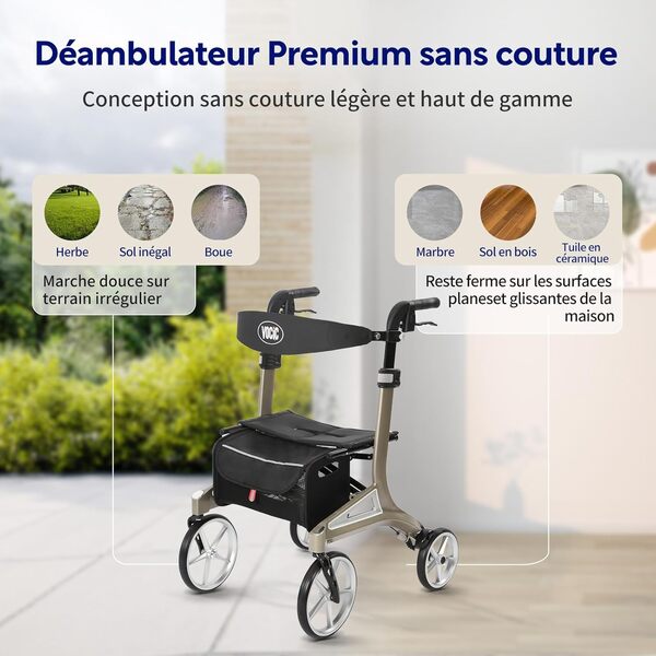 VOCIC Z71 Deambulateur pliable léger,Déambulateurs à roues et rollators avec siège,Dossier réglable en profondeur et en hauteur,Déambulateur en aluminium d interieur à l'exterieur,Vert
