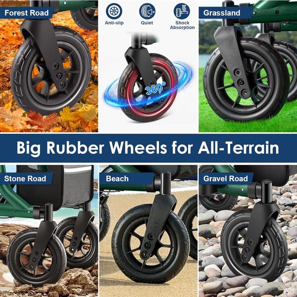 Déambulateur pour personnes âgées, déambulateur avec siège, roues en caoutchouc de 25,4 cm (25,4 cm)