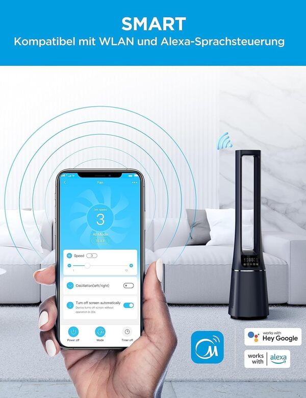 Midea MFP-120i (BL) Ventilateur tour 2 en 1, silencieux, 38 dB, H13, True HEPA sur écran LED 47,6 ㎡, télécommande, oscillation, minuterie 12 h, compatible avec application de connexion sans fil,