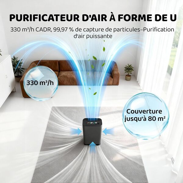 2 en 1 purificateur d'air et humidificateur d'air H13 filtre à air haute efficacité ioniseur taille de pièce jusqu'à 80㎡, Filtre 99,97% des poils d'animaux domestiques/pollen/fumée/odeur